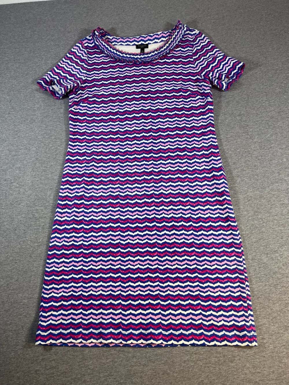 Talbots Chevron Shift Dress Blue /Pink Ruffle Neck Women’s Size Mp